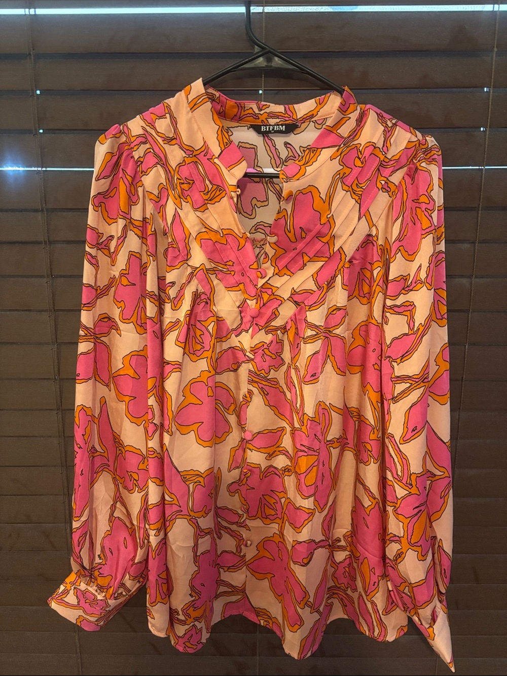 Pink & Orange Floral V-Neck Long-Sleeve Blouse